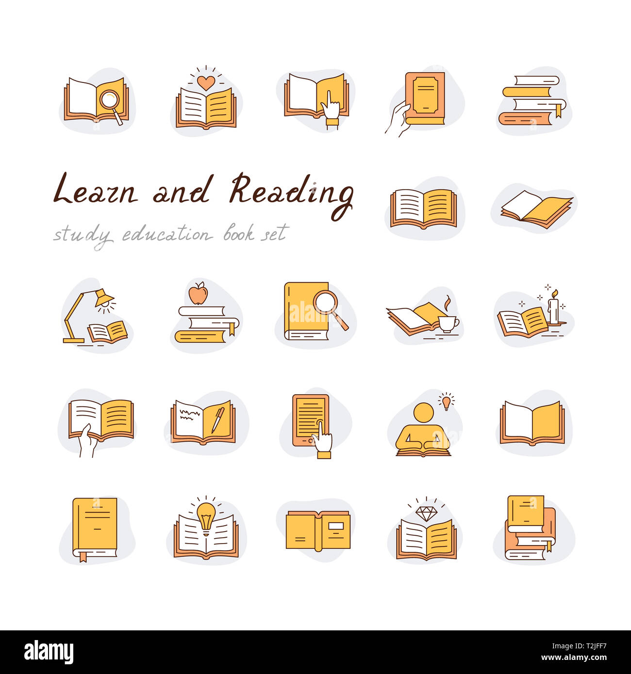 Bildung elearning Symbole Symbole gesetzt. Universität und Schule Symbole. Linienstil an. Bunte Bücher im flachen Design auf weißem Hintergrund einstellen Stockfoto