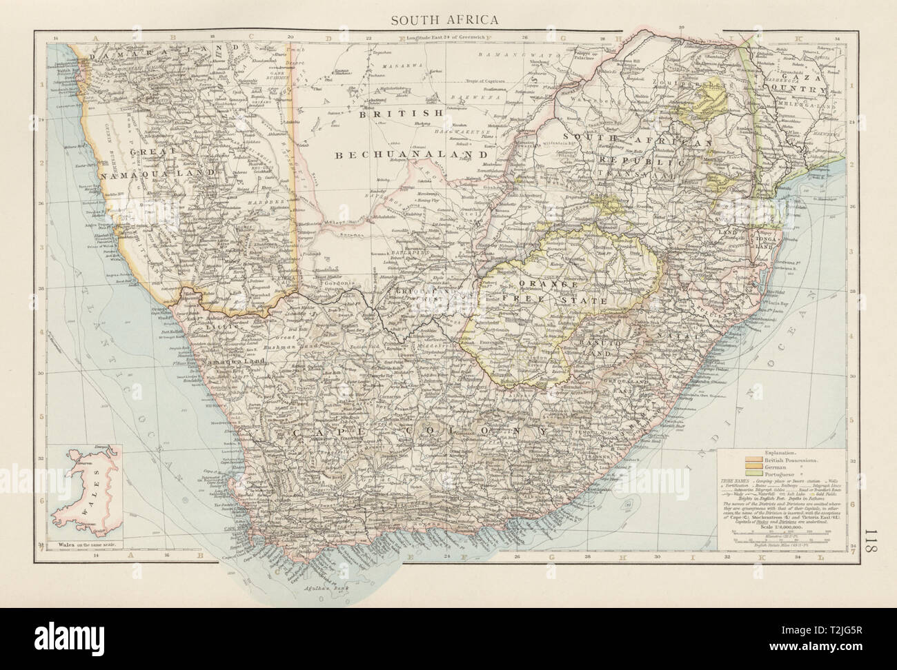 Colonial Südafrika. Goldfields. Betschuanaland. Cape Colony. Die Zeiten 1900 Karte Stockfoto