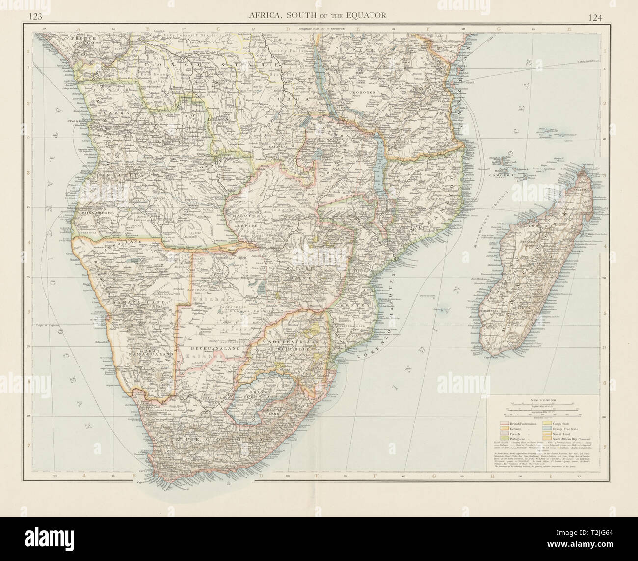 Colonial im Südlichen Afrika. Britische Portugiesisch Deutsch. Madagaskar. Mal 1900 Karte Stockfoto