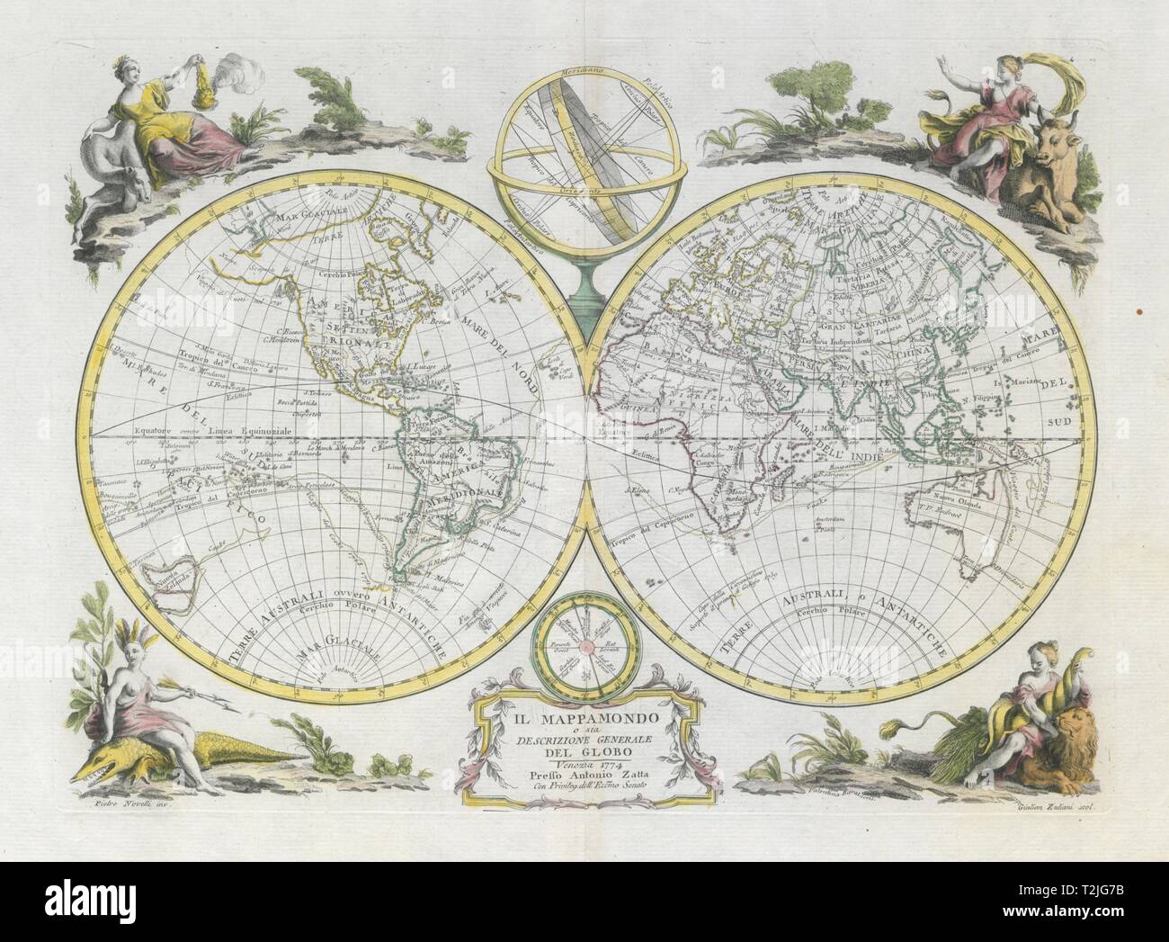 'Il Mappamondo…' Welt zwei Hemisphären Cook Bougainville voyages ZATTA 1779 Stockfoto