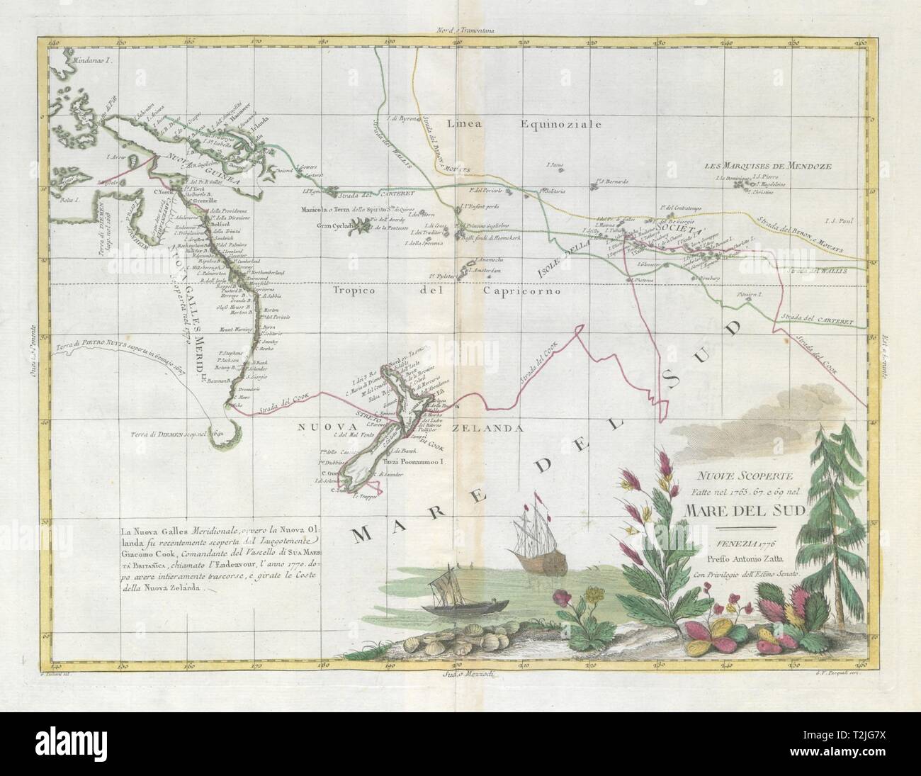 "Nuove scoperte Mare del Sud" Cook's Reisen Pacific Exploration. ZATTA 1779 Karte Stockfoto