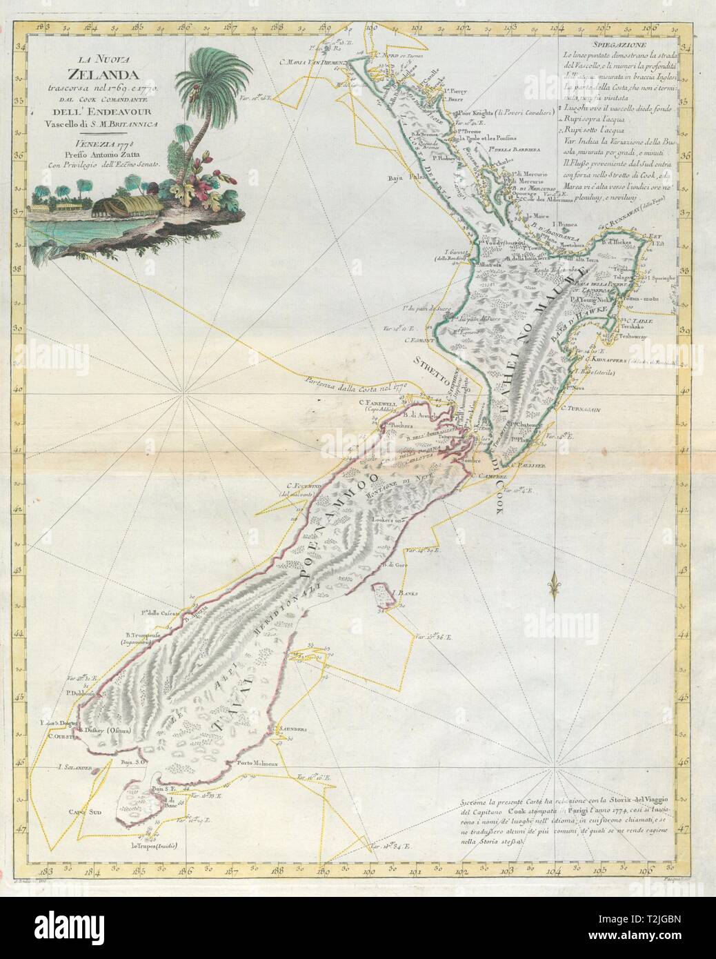 'La Nuova Zelanda trascora nel 1769 e 1770 dal Cook … "Neuseeland ZATTA 1779 Karte Stockfoto