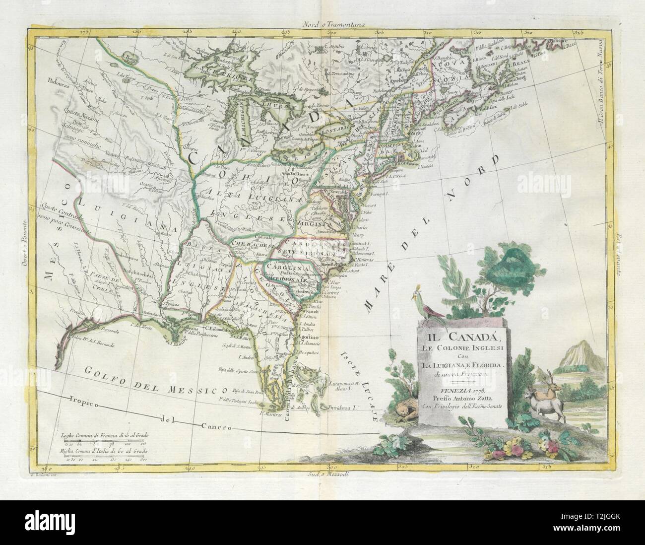 'Il Kanada, le Colonie Inglesi con la Luigiana, e Florida". USA. ZATTA 1779 Karte Stockfoto