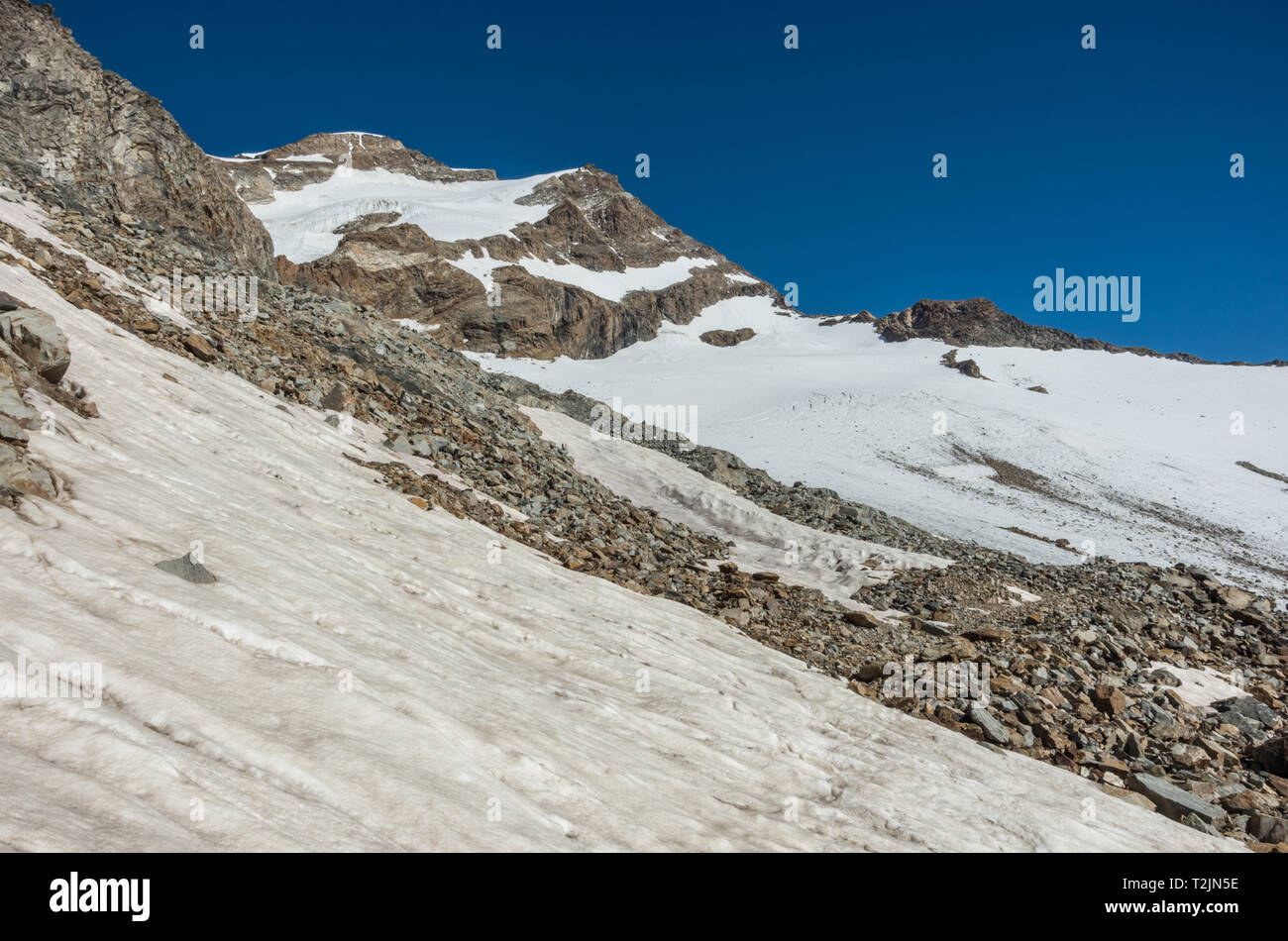 Blick auf Vincent Pyramide besteigen und Bors Gletscher im Monte Rosa Massiv in der Nähe von Punta Indren. Massino Visconti, Italien Stockfoto