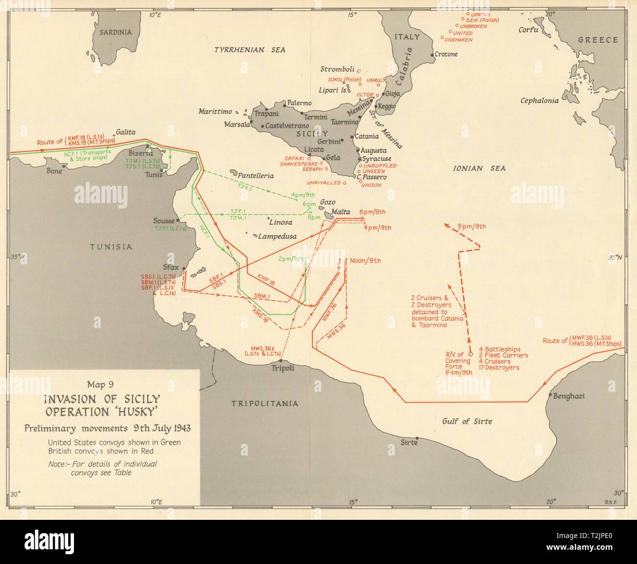 Invasion Siziliens. Operation Husky. Erste Bewegungen vom 9. Juli 1943. WW2 1954 Karte Stockfoto