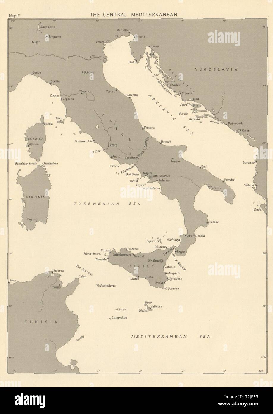 Zentralen Mittelmeer Häfen in 1943. Italien Adria. Weltkrieg 2 1954 alte Karte Stockfoto