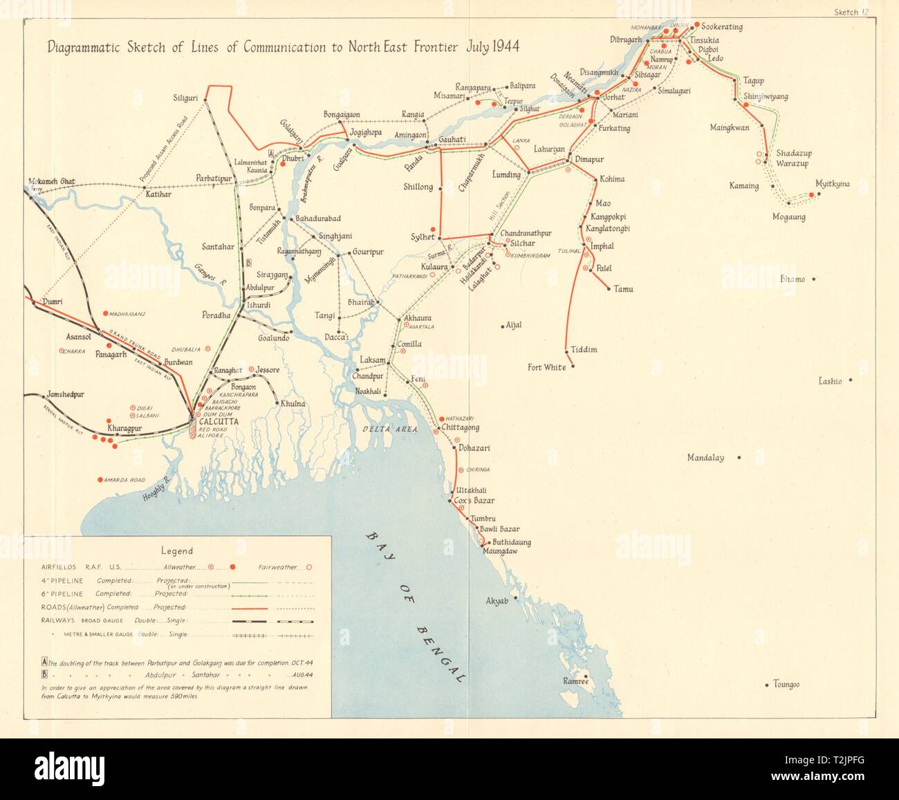 Burma Campaign Weltkrieg 2. Juli 1944. Nord Ost Grenze Versorgungsleitungen 1961 Karte Stockfoto