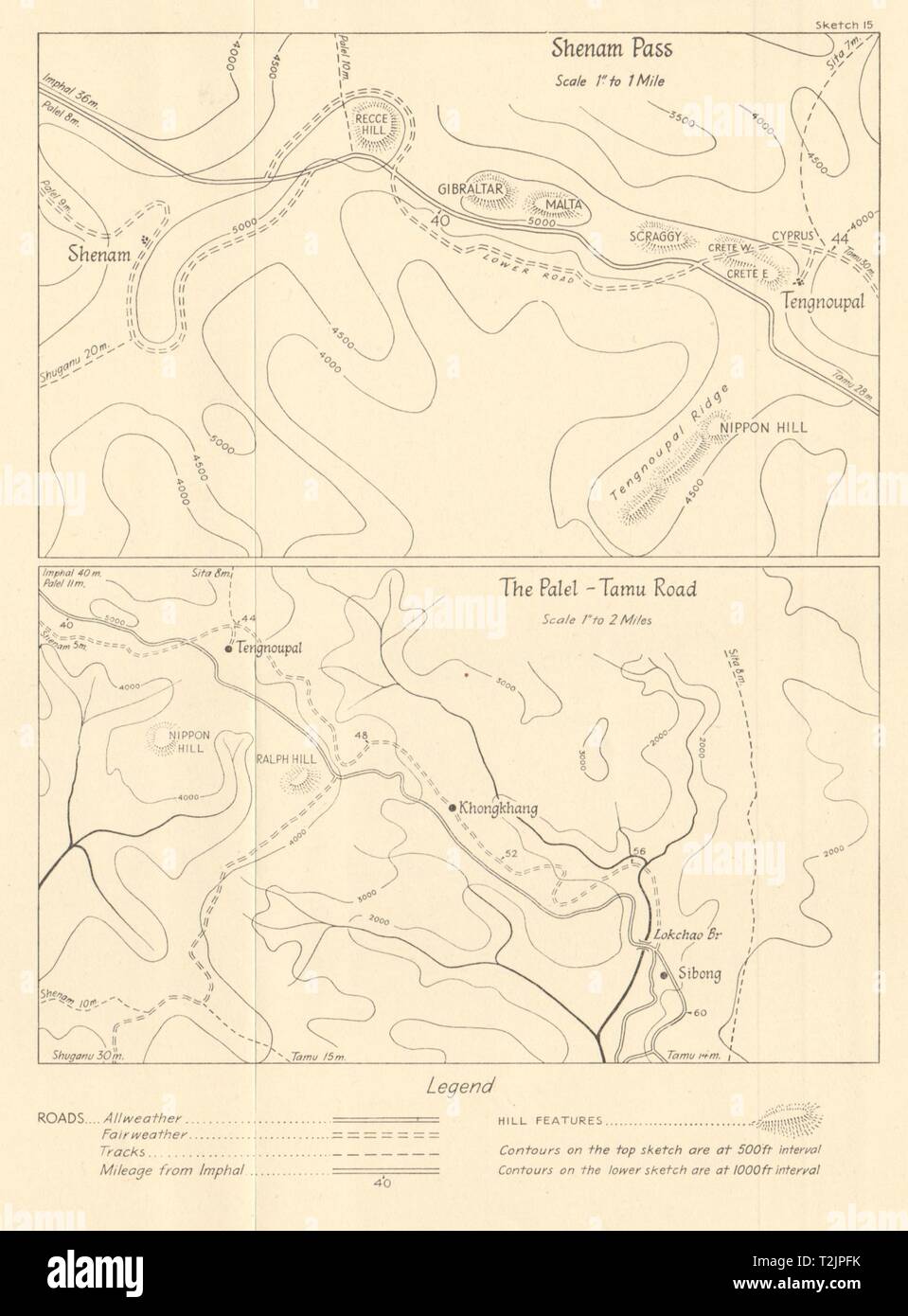 Burma Campaign Weltkrieg 2. Manipur Indien. Shenam Pass. Palel-Tamu Straße 1961 Karte Stockfoto