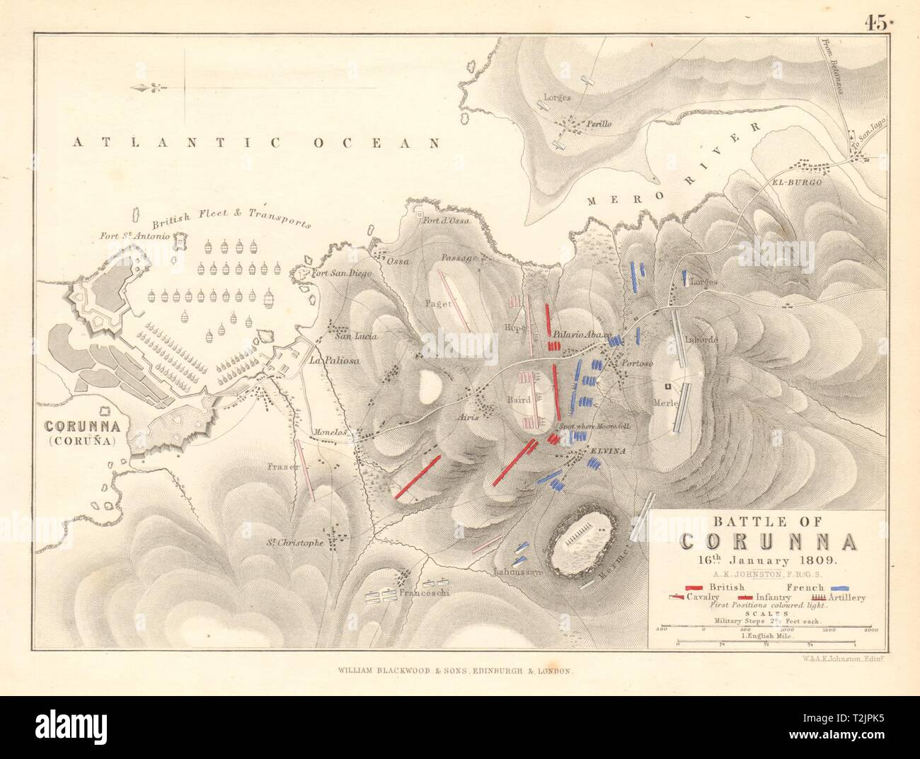 Schlacht von La Coruña, 16. Januar 1809. A Coruña. Spanien. Halbinsel Kriege 1850-Karte Stockfoto