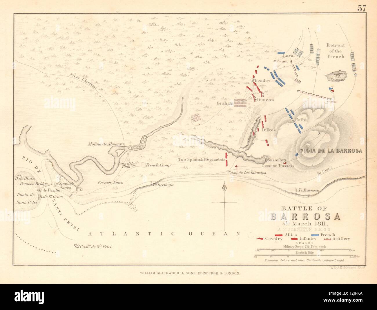 Schlacht von Barrosa/Chiclana/Cerro del Puerco vom 5. März 1811. Halbinsel Krieg 1850 Karte Stockfoto