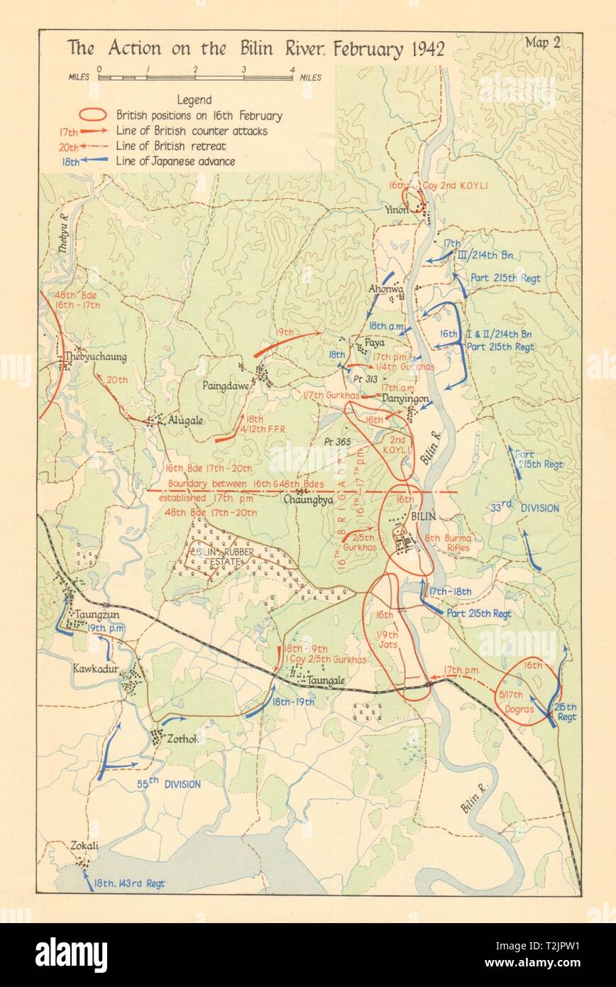Schlacht von Bilin Fluss Februar 1942. Japanische Eroberung von Burma. WW2 1961 Karte Stockfoto