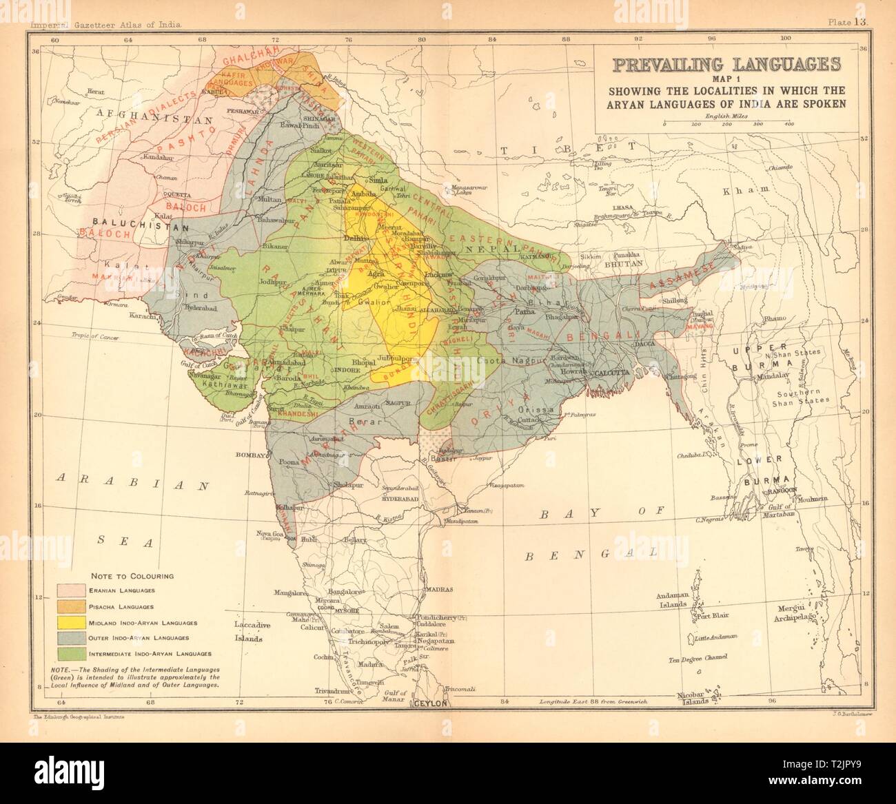 Indien Südostasien Sprachen - Arier. Eranian Pisacha Niger-congo 1909 alte Karte Stockfoto
