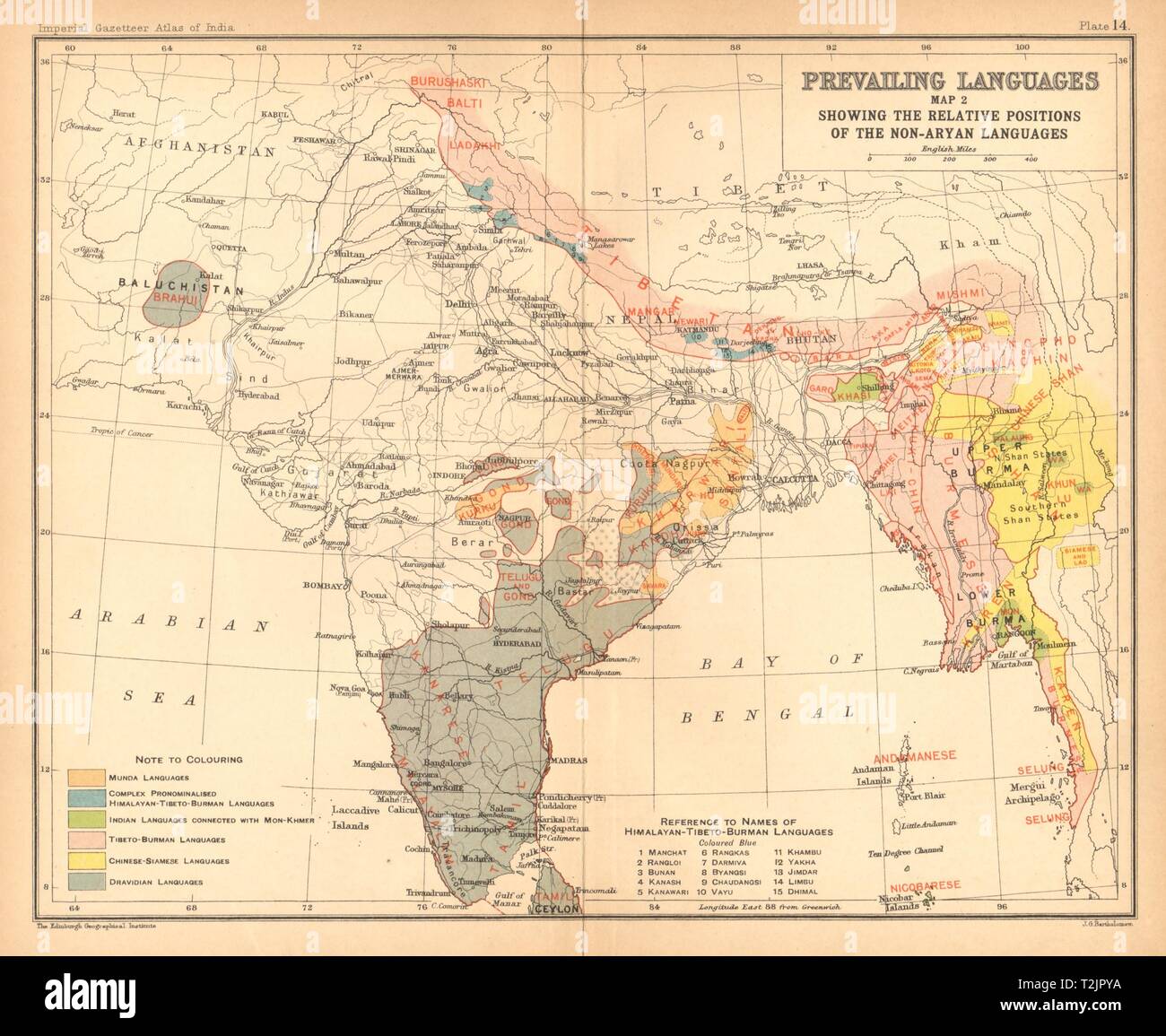 Indien Südostasien Sprachen - nicht-arische. Dravidian Tibeto-Burman Munda 1909 Karte Stockfoto