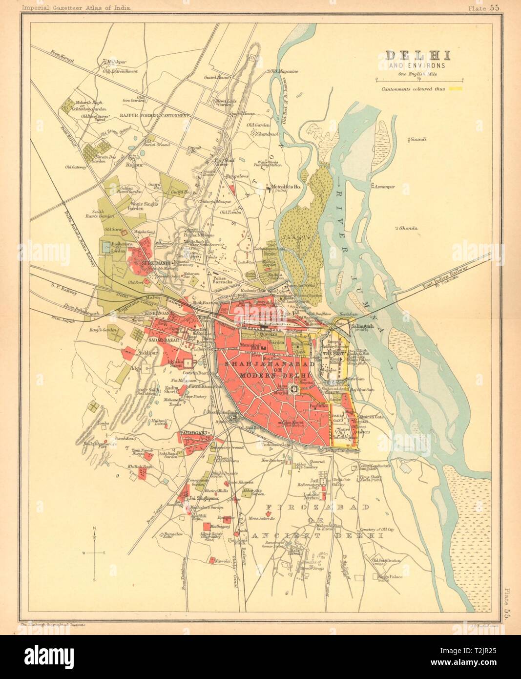 Delhi Stadt Stadt zu planen. Die wichtigsten Gebäude & Cantonment. Britisch Indien 1909 alte Karte Stockfoto