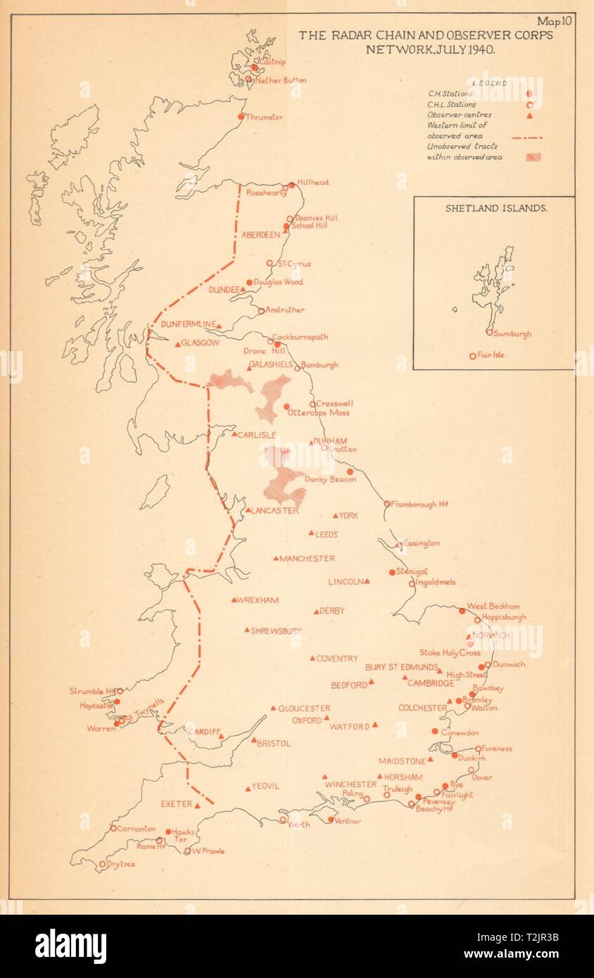 Radar Chain & Observer Corps Netzwerk, Juli 1940. Die Schlacht um England. WW2 1957 Karte Stockfoto