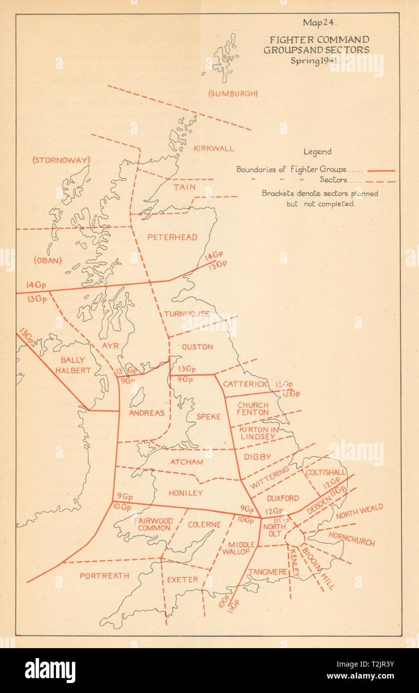 RAF Fighter Command Gruppen und Sektoren, Frühjahr 1941. Weltkrieg 2 1957 alte Karte Stockfoto