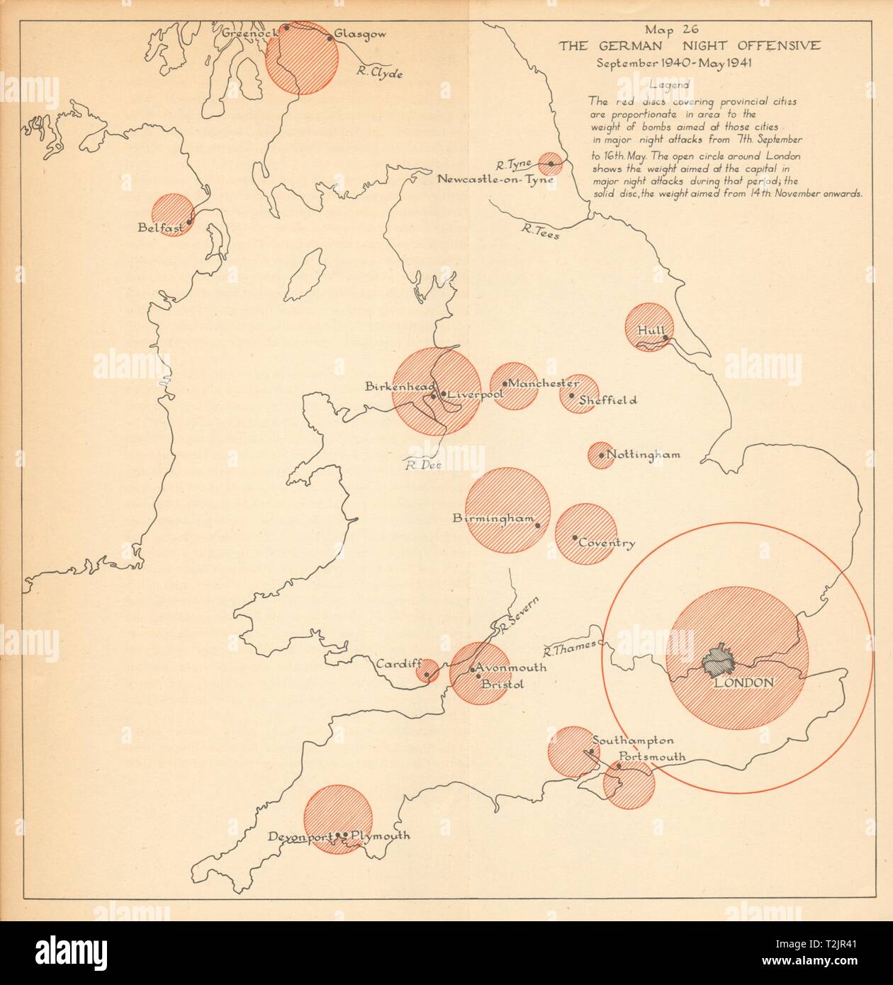 Luftwaffe nacht Angriffe auf britische Städte 1940/41. Bombe Tonnage. WW2 1957 Karte Stockfoto