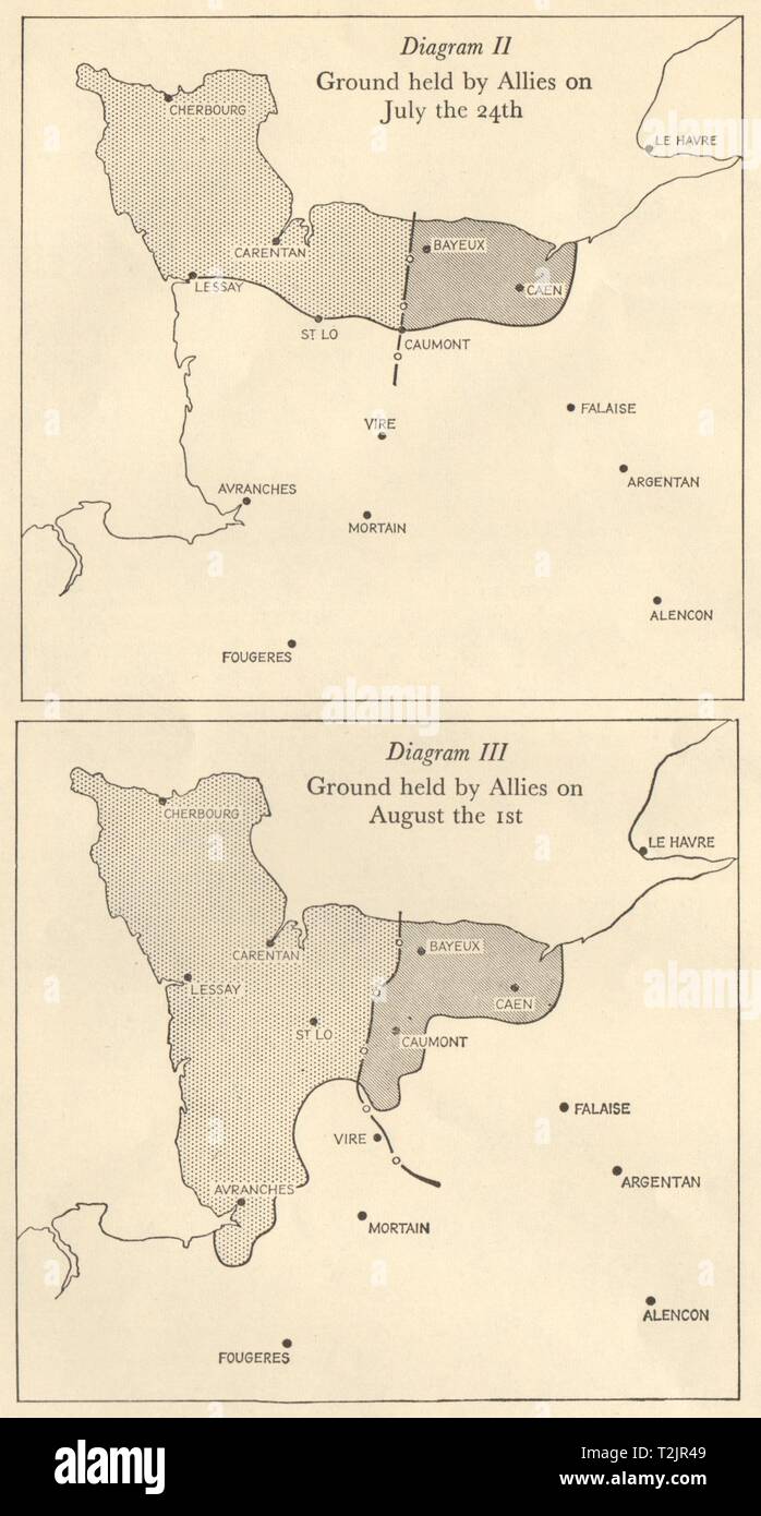 Schlacht in der Normandie 1944. Boden durch die Alliierten statt 24. Juli und August 1. WW2 1962 Karte Stockfoto