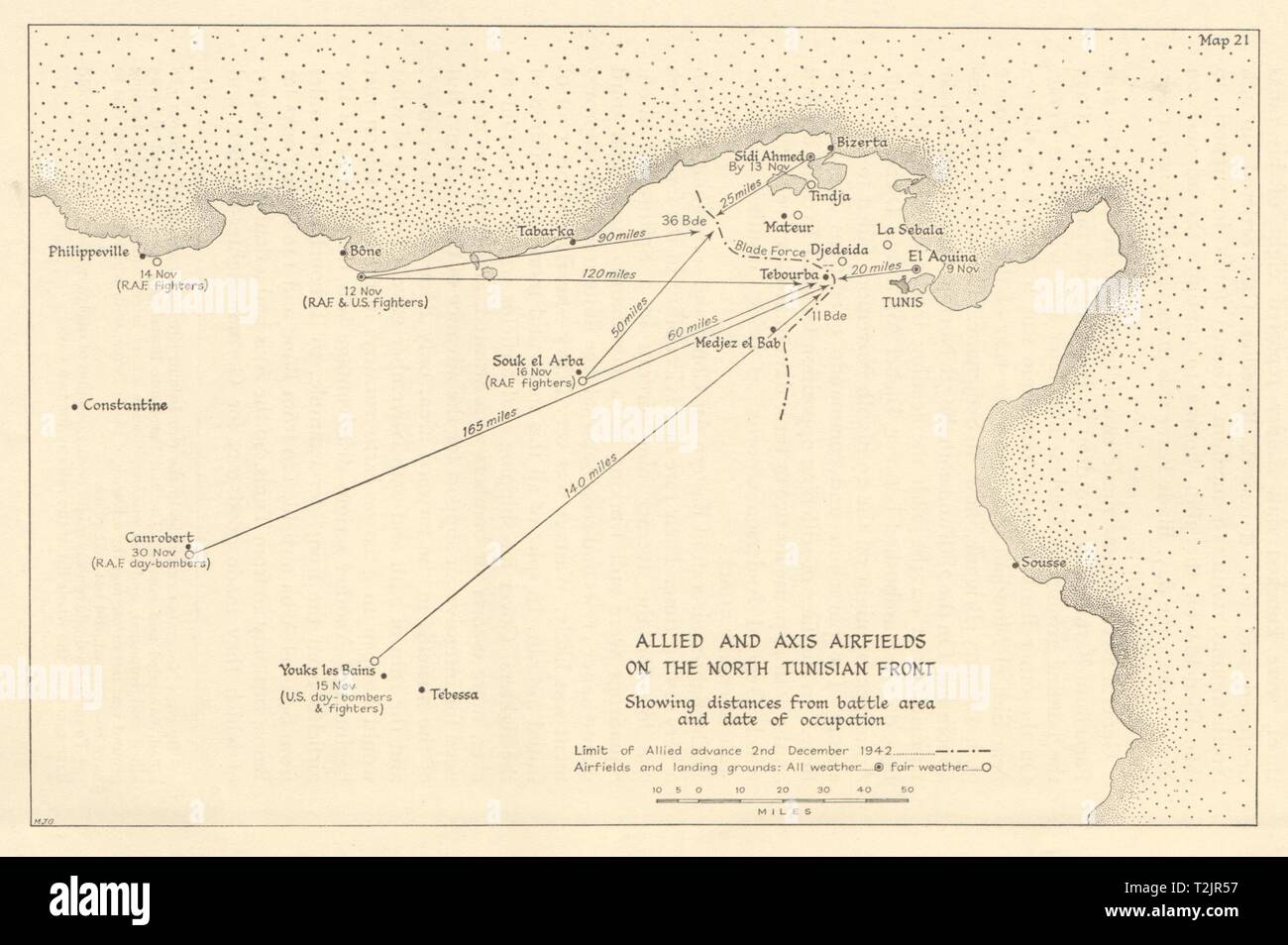 Allied and Axis Flugplätze,tunesischen Front 1942. Weltkrieg 2 1966 alte Karte Stockfoto