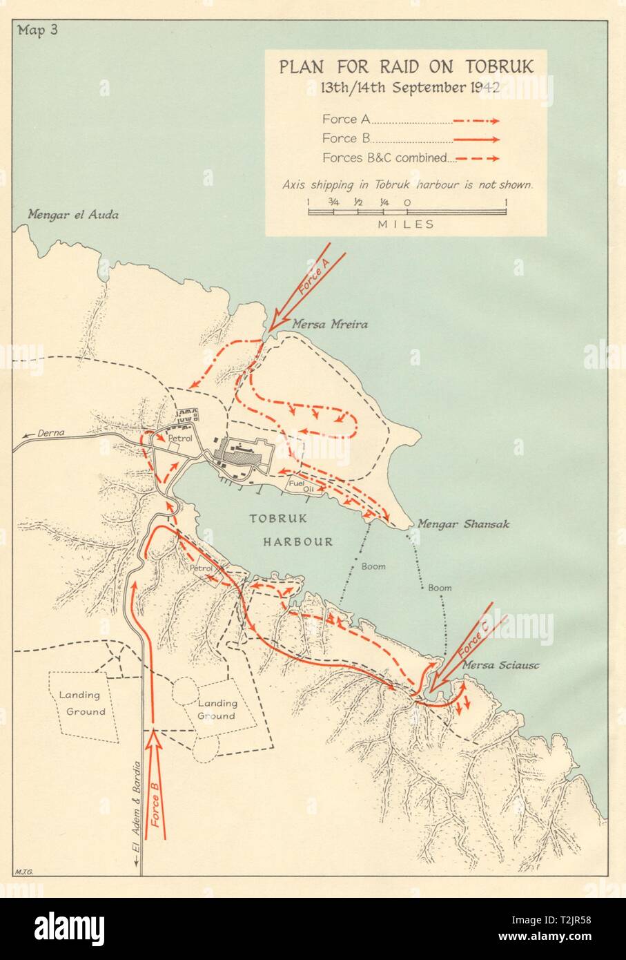 Auf Tobruk, 13./14. September 1942 Raid. Weltkrieg 2. Libyen Nordafrika 1966 Karte Stockfoto