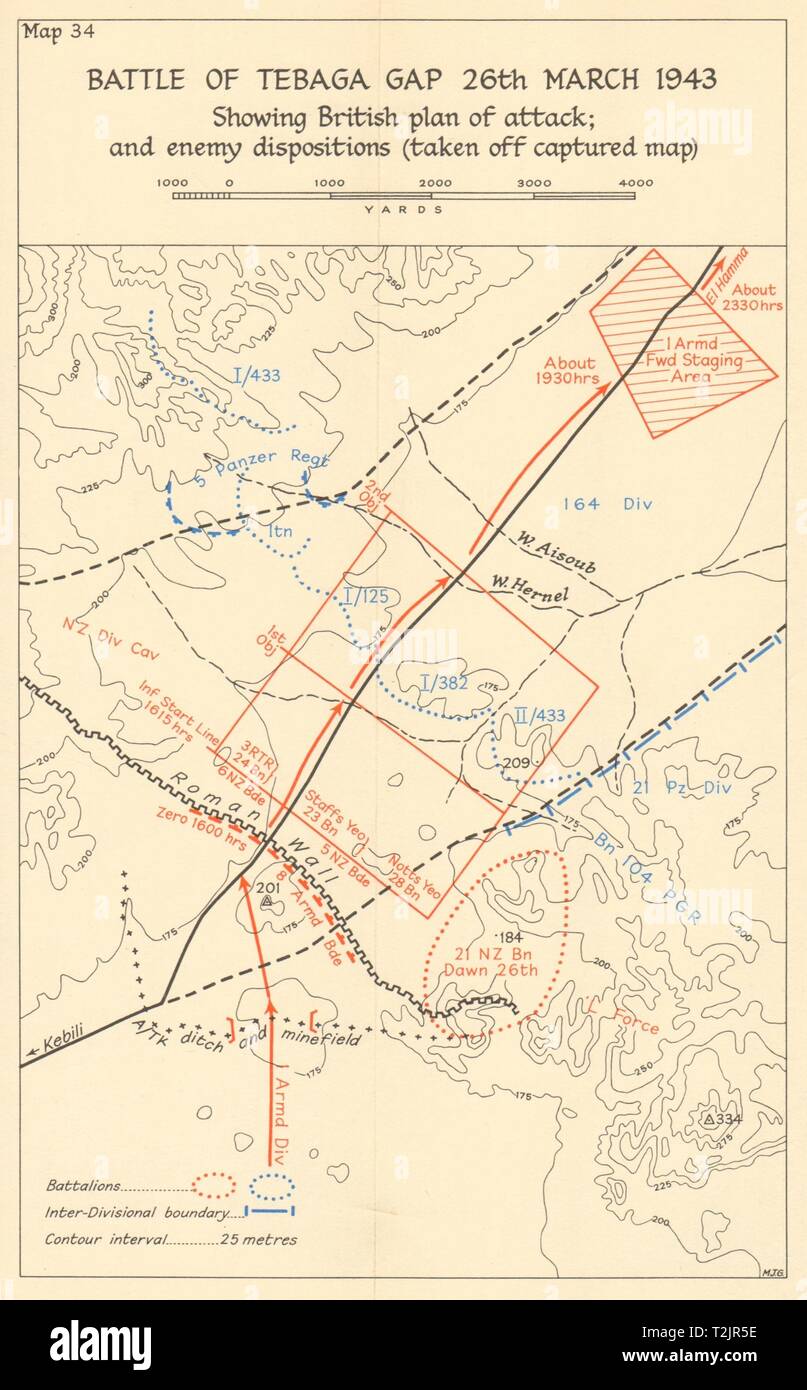 Kampf der Mareth Linie/Tebaga Lücke vom 26. März 1943. Tunesien WW2 1966 alte Karte Stockfoto