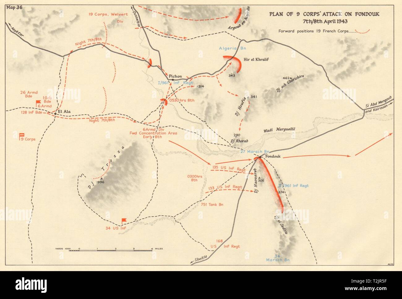 9 Corps' Angriff auf Fondouk 7./8. April 1943. Tunesien 2. Weltkrieg 1966 Karte Stockfoto