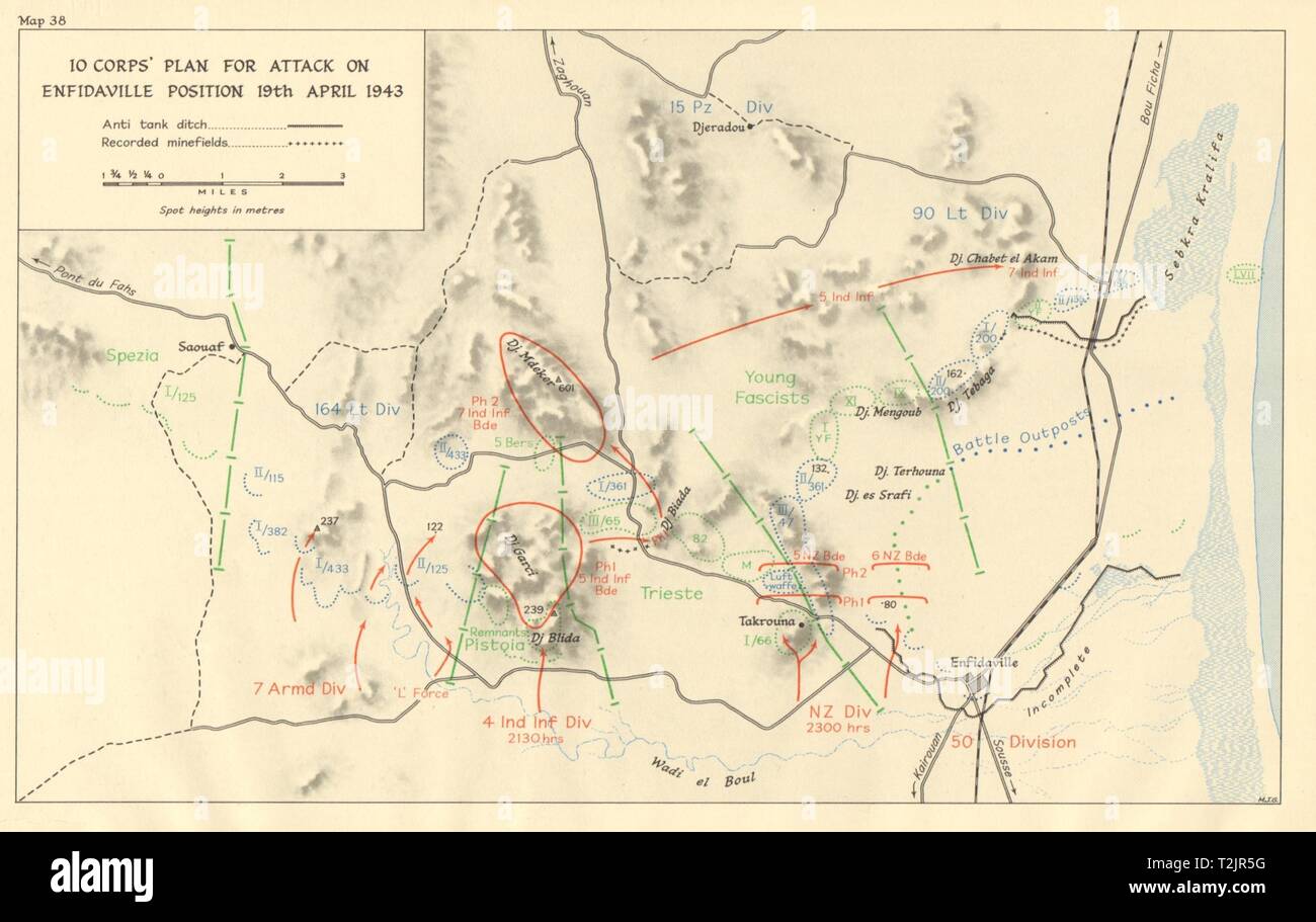 10 Korps Angriff auf Enfidaville Position vom 19. April 1943. Tunesien WW2 1966 Karte Stockfoto