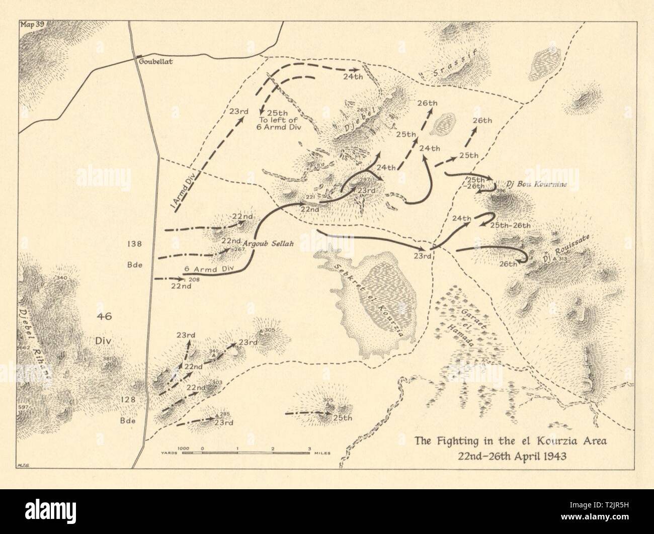 Kämpfe in der el Kourzia Bereich 22-26 April 1943. Tunesien WW 2. Kleine 1966-Karte Stockfoto