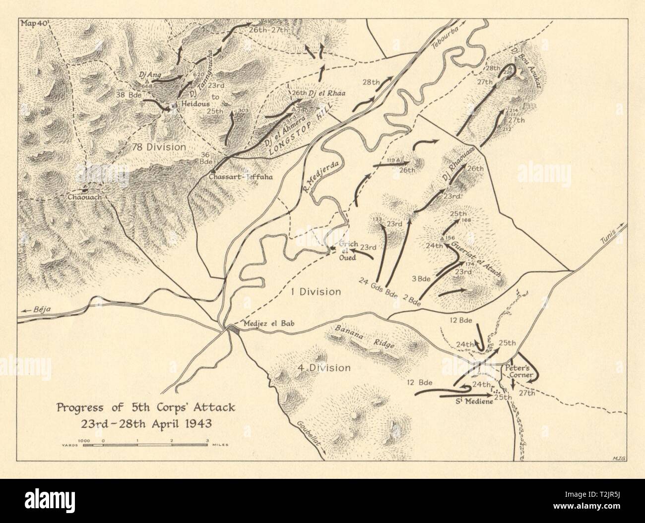 Majaz al Bab 5 Korps Angriff vom 23. bis 28. April 1943. Tunesien WW 2. Kleine 1966-Karte Stockfoto