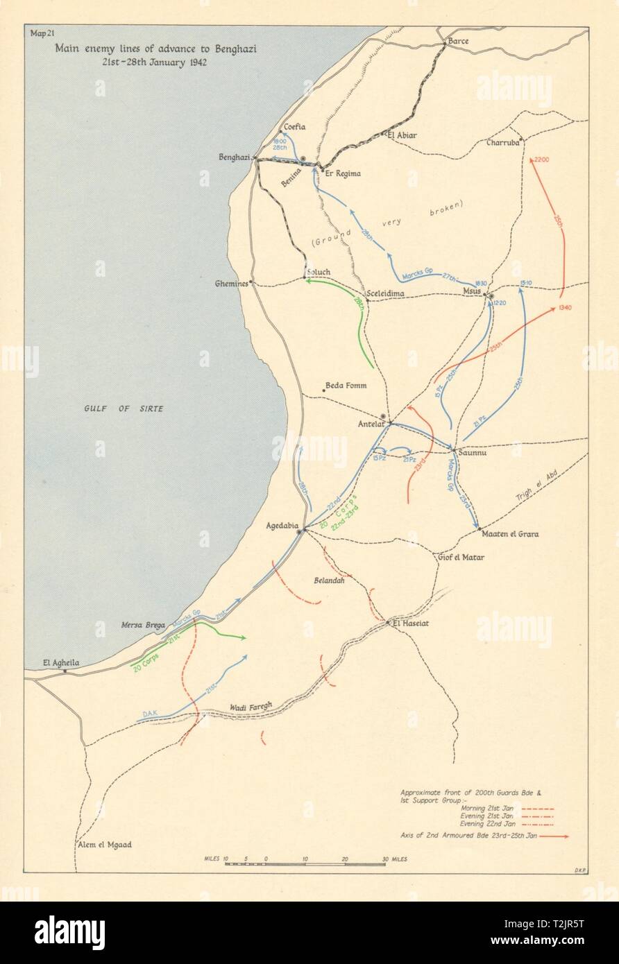 Achse voraus nach Bengasi 21.-28. Januar 1942. Libyen. Wüste Krieg. WW2 1960 Karte Stockfoto