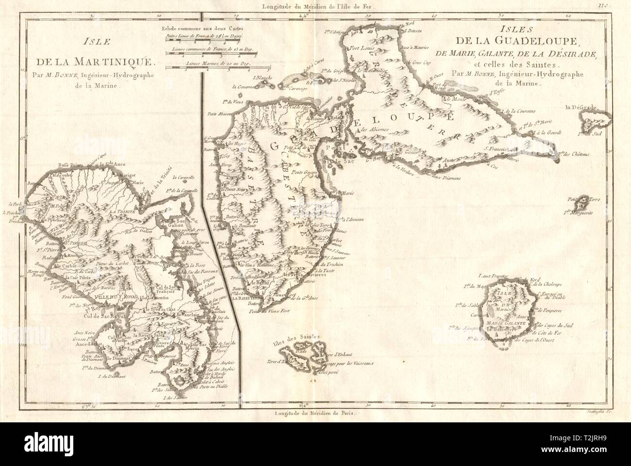 Martinique, Guadeloupe, Marie-Galante, La Désirade & Saintes. BONNE Karte 1790 Stockfoto