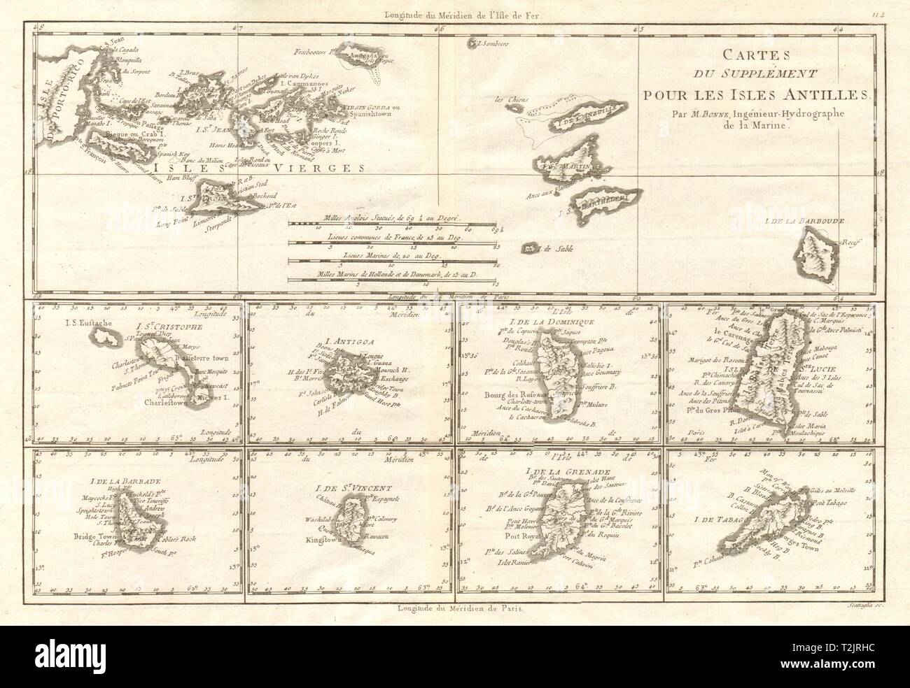 Cartes de Supplément pour les Isles Antillen. Westindischen Inseln BONNE 1790 Karte Stockfoto