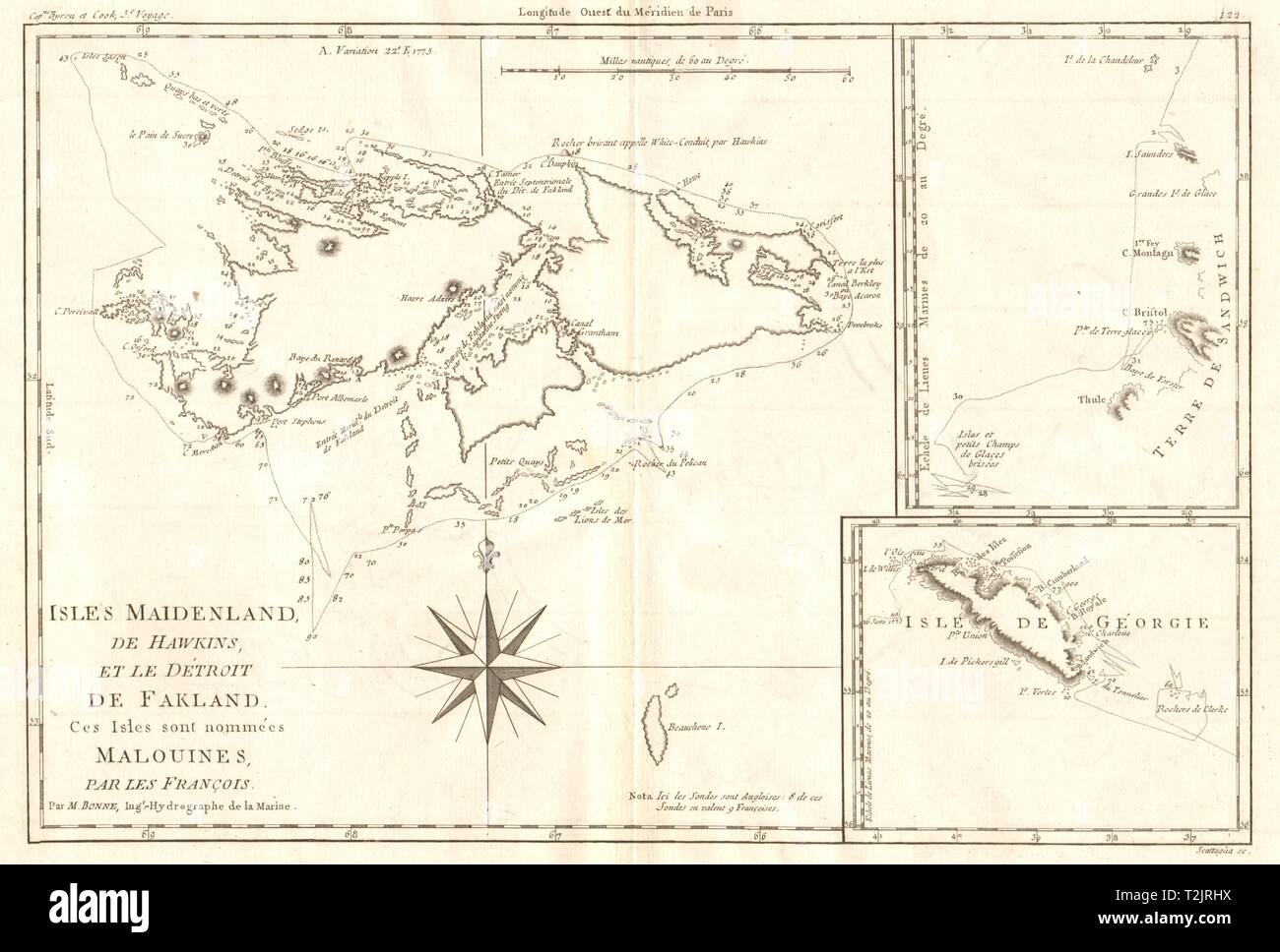Isles Maidenland & Hawkins. Falklandinseln und Südgeorgien. BONNE Karte 1790 Stockfoto
