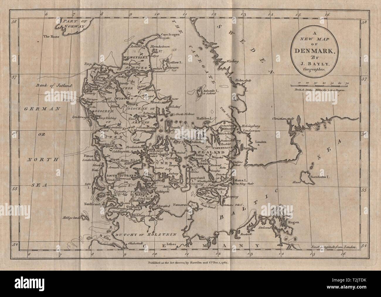 Eine neue Karte von Dänemark. BAYLY 1782 alte antike Vintage plan plan Stockfoto