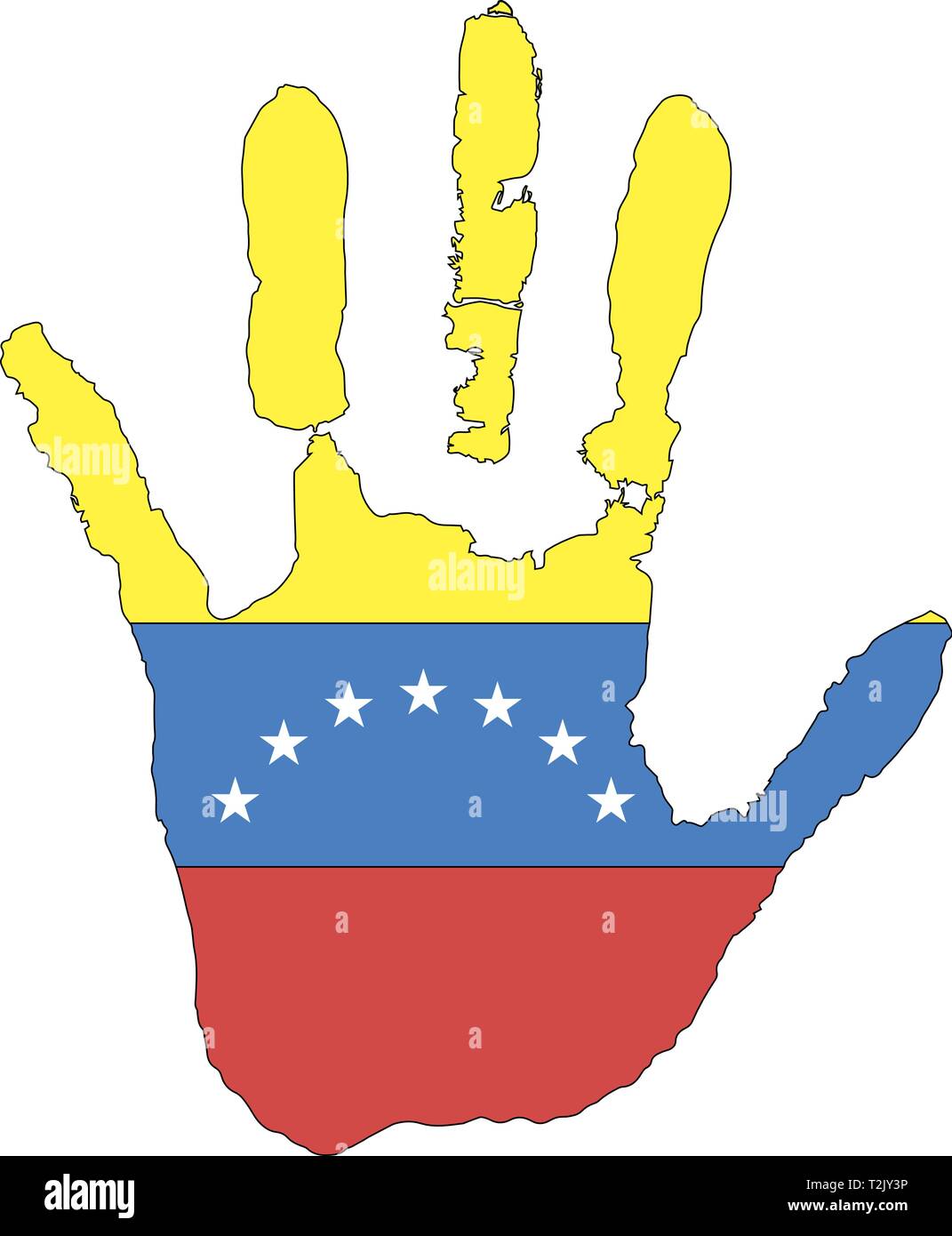 Blau und orange und rote Farbe der Flagge. Vektor Handabdruck in Form der Flagge Venezuelas. Stock Vektor Blau und orange und rote Farbe der Flagge. Vektor Handabdruck in Form der Flagge Venezuelas. Stock Vektor