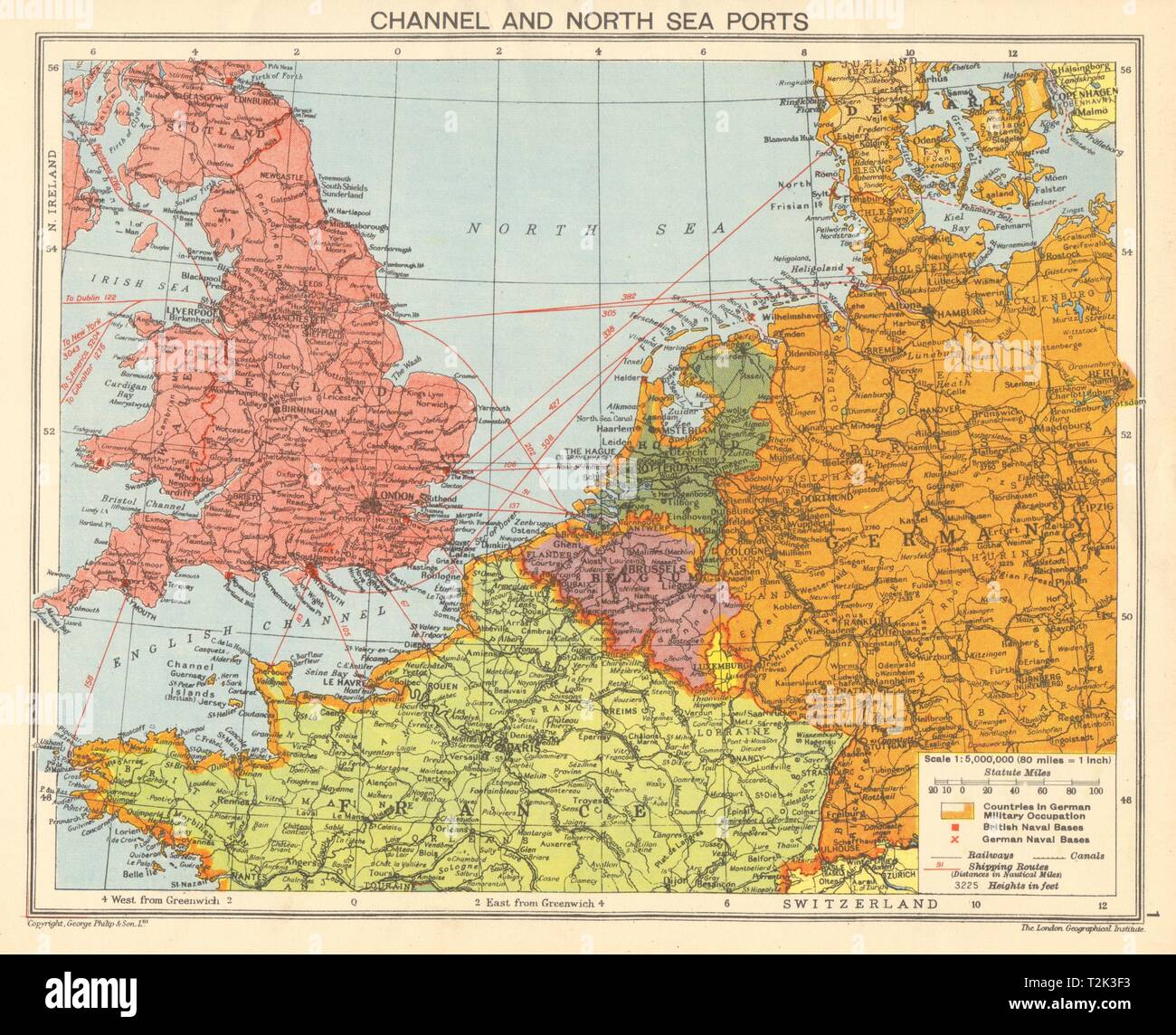 Weltkrieg 2. Englischer Kanal & Nordseehäfen. Deutsch besetzten Europa 1942 Karte Stockfoto