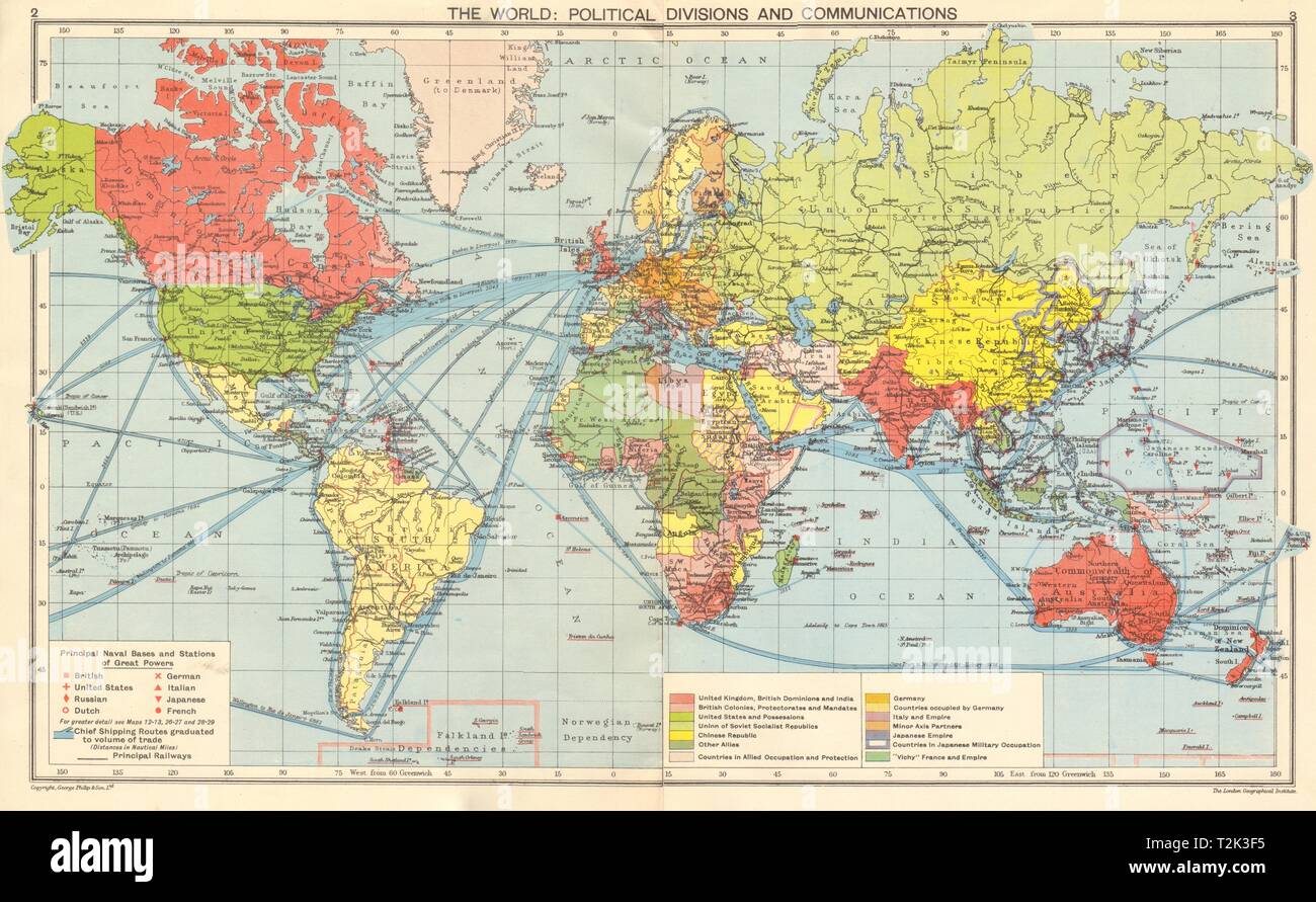 Weltkrieg 2. Von den Nazis besetzten Europa. Japaner in China/Asien. Vichy Frankreich 1942 Karte Stockfoto