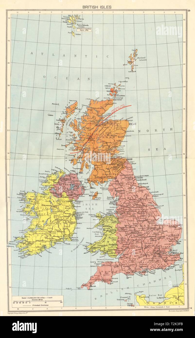 Weltkrieg 2 Britischen Inseln. Besetzten Färöer Inseln Schottland geschützten Bereich Karte 1942 Stockfoto