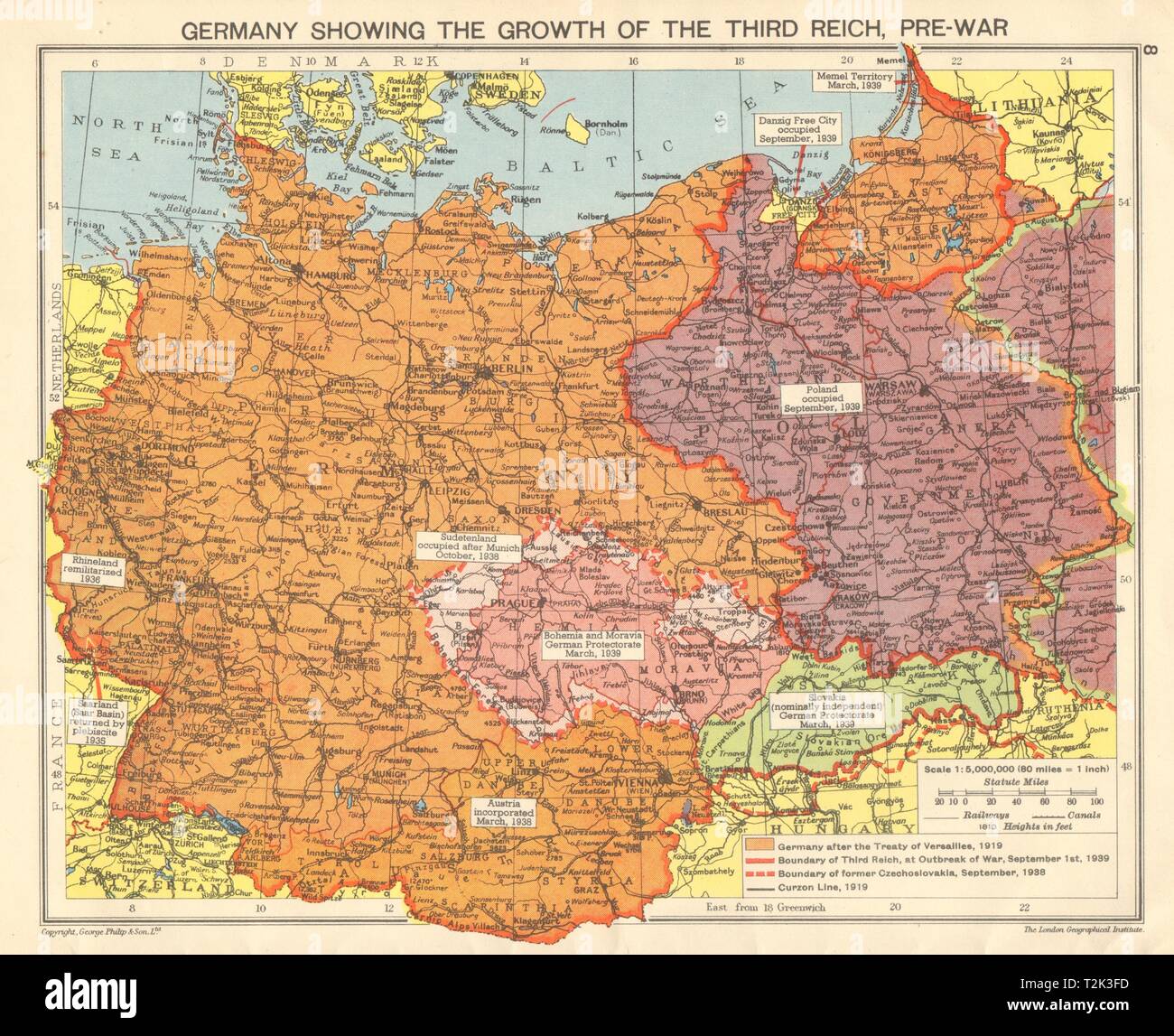 Nazi-deutschland Wachstum des Dritten Reiches. Besetzten Polen Sudetenland&c 1942 Karte Stockfoto