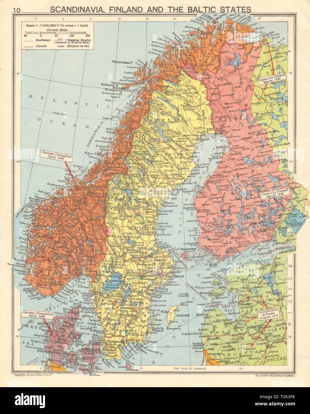 WW2 Skandinavien deutsch besetzten Dänemark & Norwegen. Finnland Konzessionen 1942 Karte Stockfoto