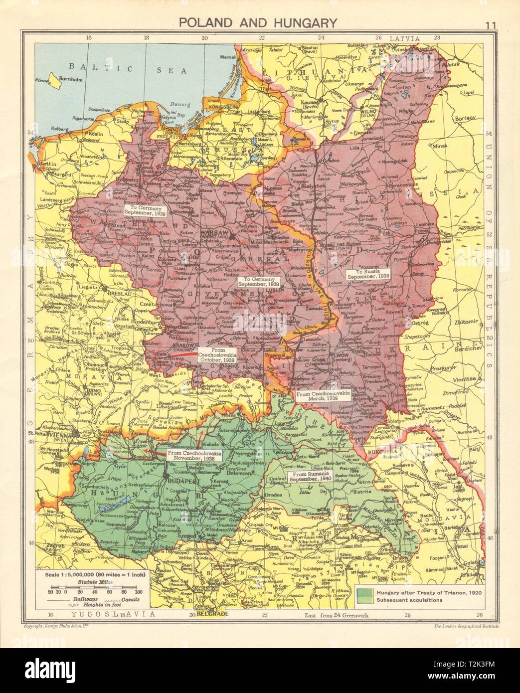 Zweiten Weltkrieg Teilung Polens. Ungarn Expansion. Curzon Line 1942 Karte Stockfoto