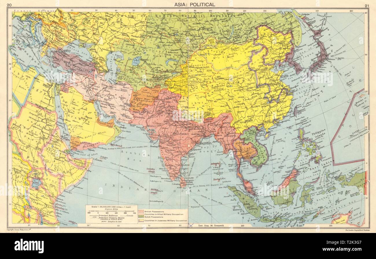 WW2 ASIA. Von Japan besetzten China Indochina Philippinen. Naher Osten 1942 Karte Stockfoto