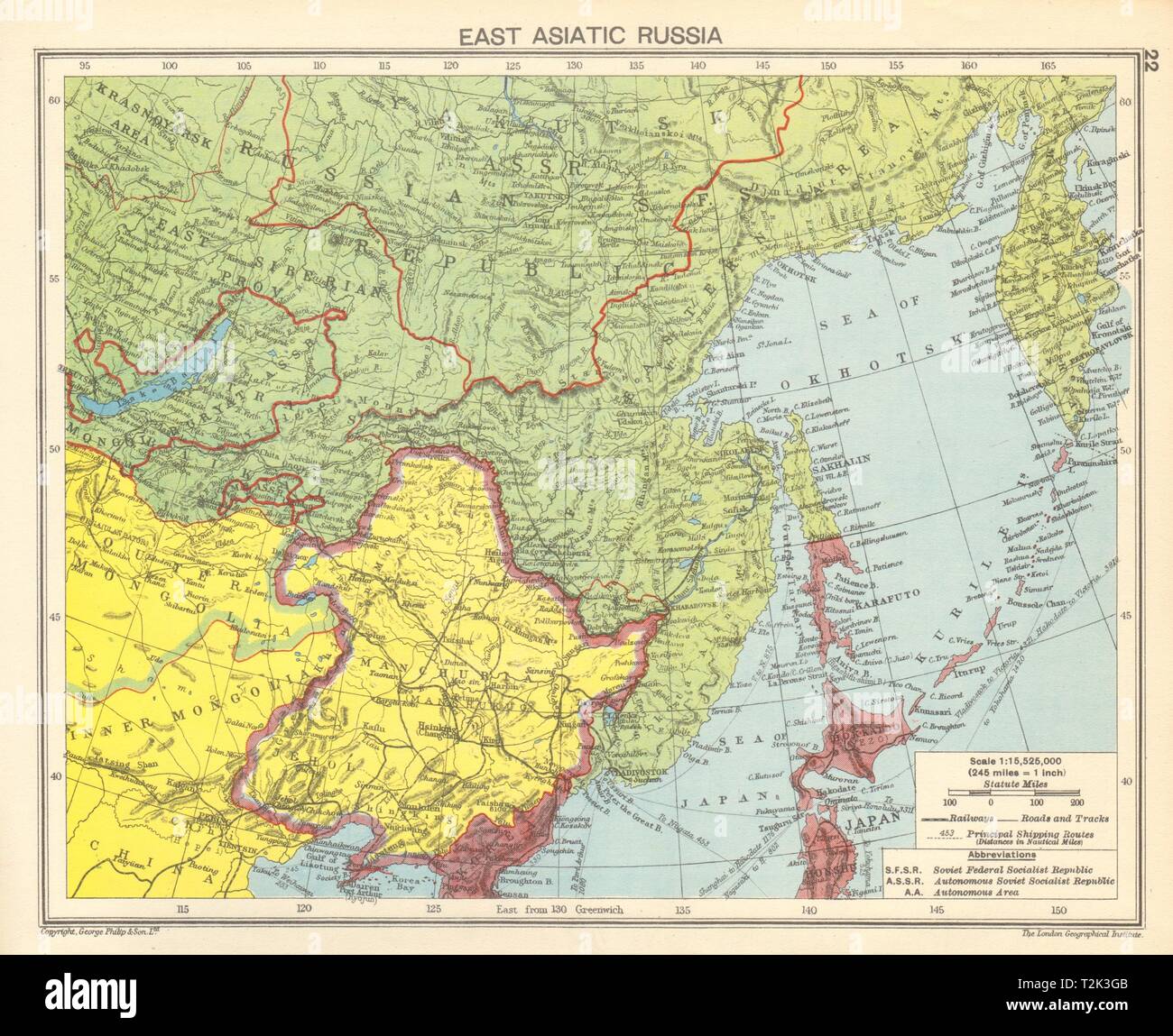 Zweiten Weltkrieg. Russland & Japan besetzten Mandschurei. China 1942 alte Karte Stockfoto