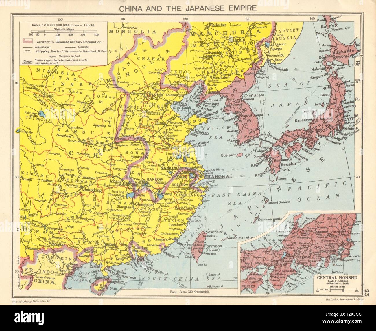 Weltkrieg 2 Japaner in China, Korea, Taiwan, Hong Kong 1942 alte Karte belegt Stockfoto