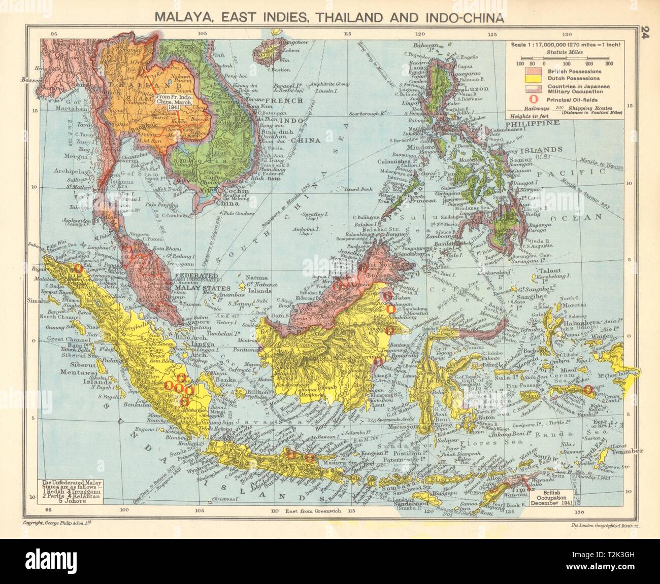 Weltkrieg 2 japanisch besetzten Philippinen Malaya Indochina, Thailand Karte 1942 Stockfoto