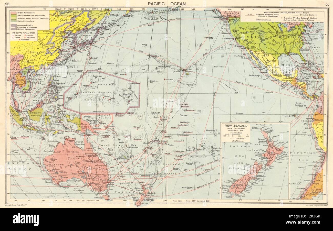 WW2 Pacific Ocean. Von Japan besetzten China Indochina Philippinen alte Karte 1942 Stockfoto