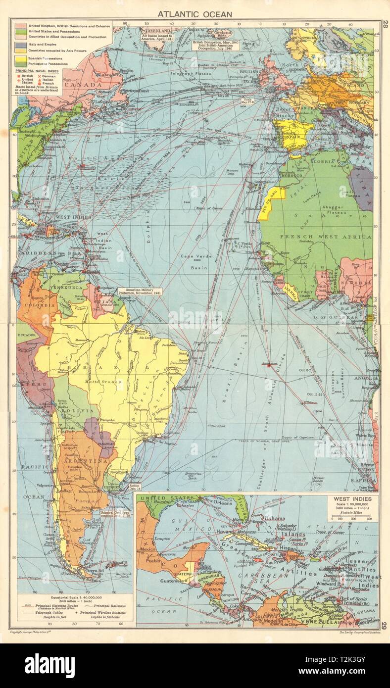 WW 2 Atlantik. Marinestützpunkte. US/Britischen Island Guyana 1942 Karte belegt Stockfoto
