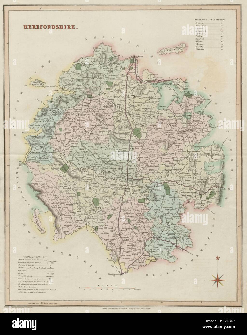 Antike Grafschaft Herefordshire Karte von T.l. Murray. Handcolorierte 1830 alte Stockfoto