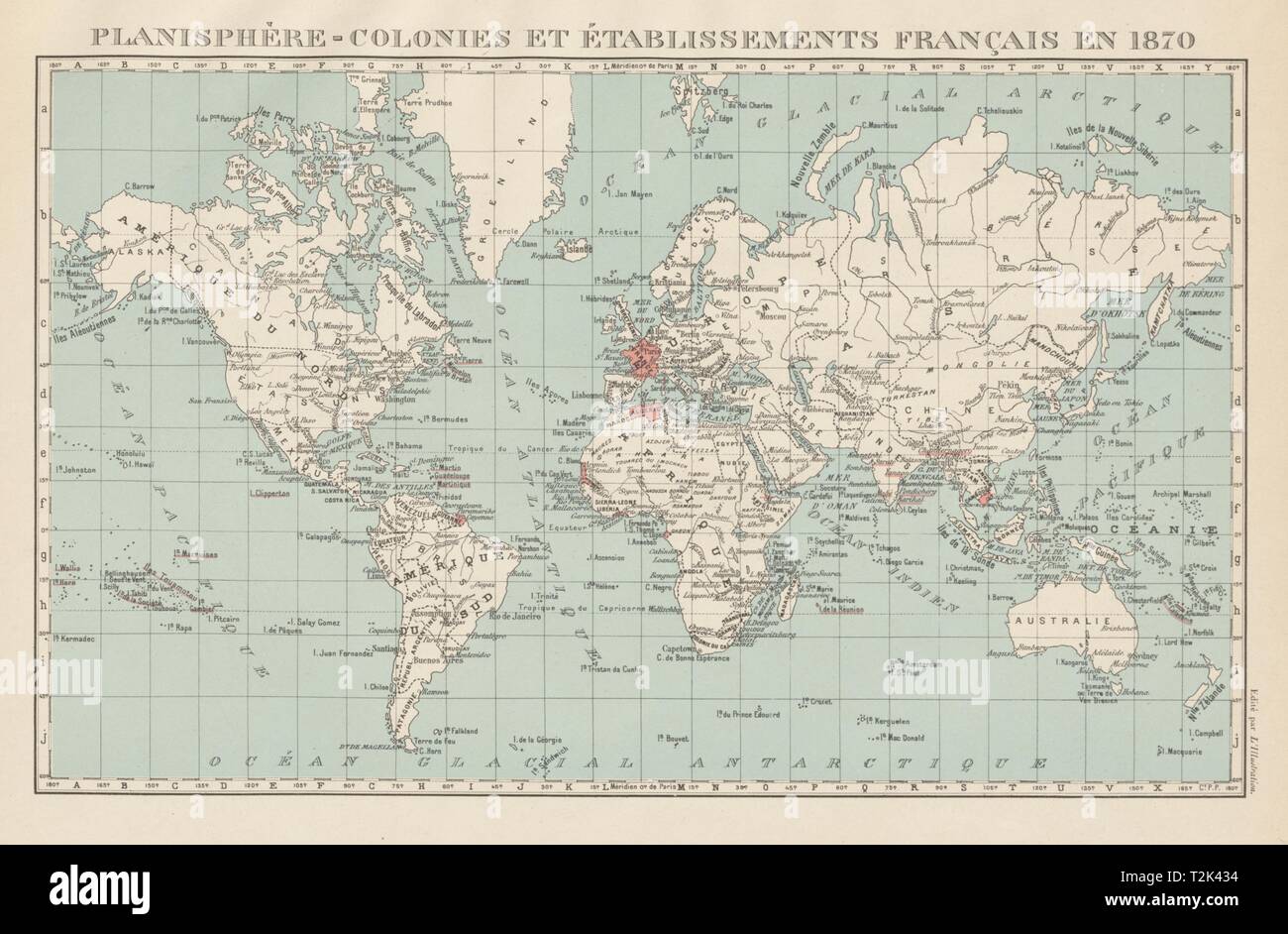 Französische Kolonien & Etablissements Français en 1870. Erdkarte 1929 alte Karte Stockfoto