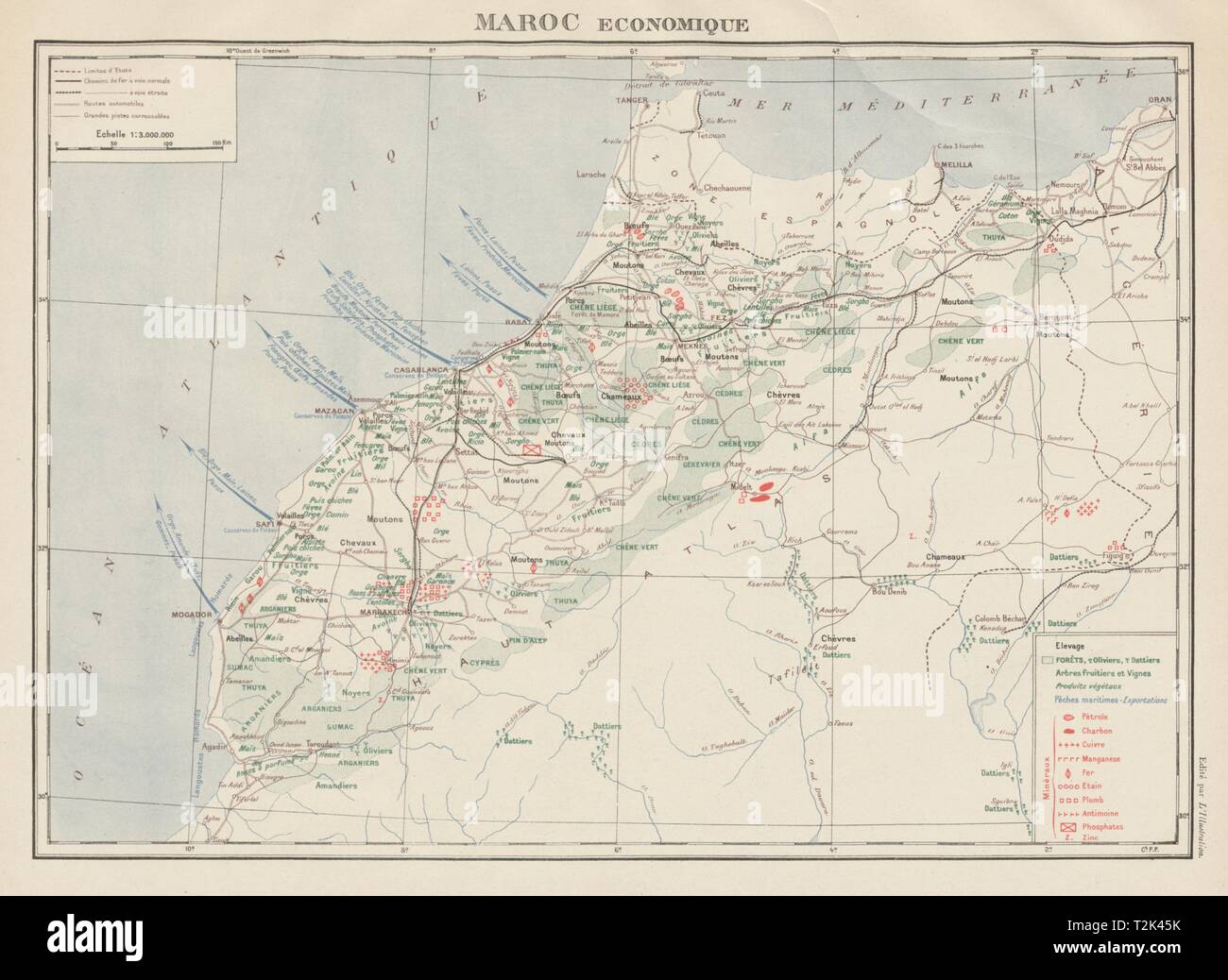 Französisch MAROKKO WIRTSCHAFTLICHE/Ressourcen Maroc Protectorat français Economique 1929 Karte Stockfoto